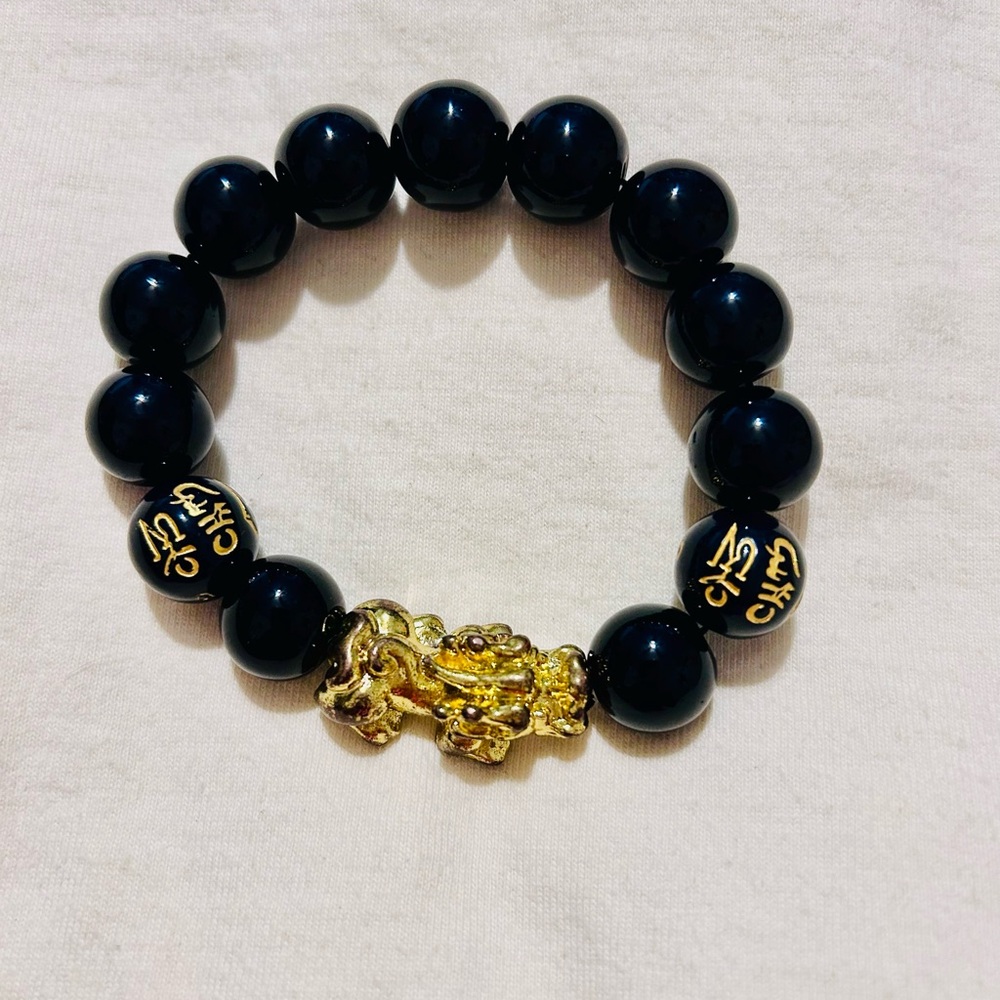 Black Obsidian Bracelet with Gold Accent Feng shui Prosperity Bracelet